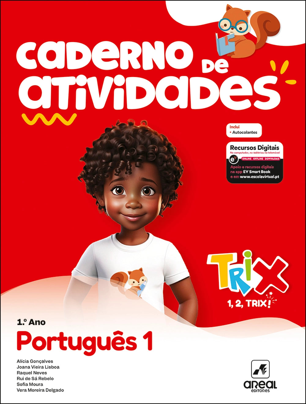 Caderno de atividades TRIX Português 1.º ano, capa vermelha com criança ilustrada