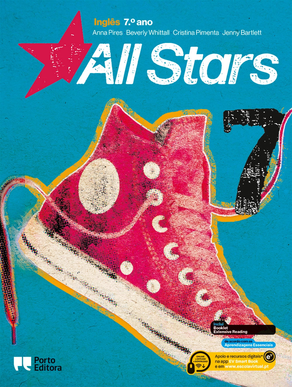 Manual escolar All Stars de Inglês, 7.º ano, com ténis rosa e estrela vermelha na capa.