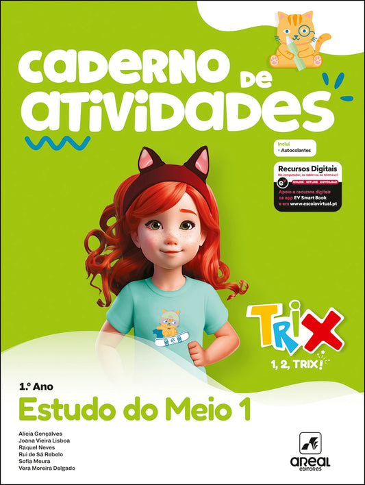 Caderno de atividades TRIX de Estudo do Meio 1.º ano, com menina e gato