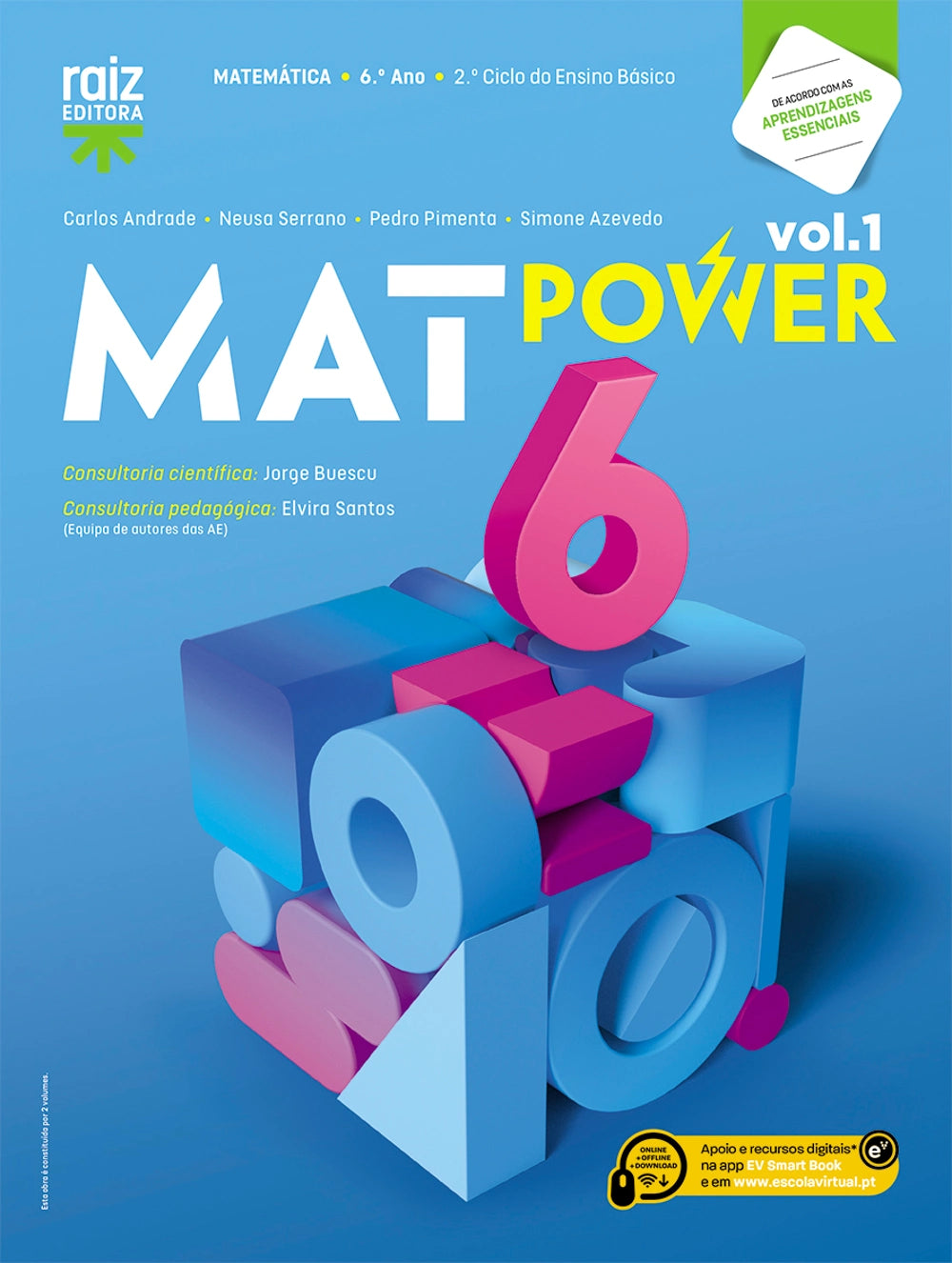 Manual escolar de Matemática do 6.º ano, capa MatPower 6 com cubo colorido.