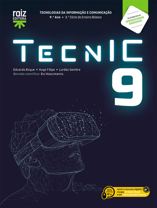 Manual escolar TecnIC 9, capa com texto TECNIC 9 e ilustração tecnológica