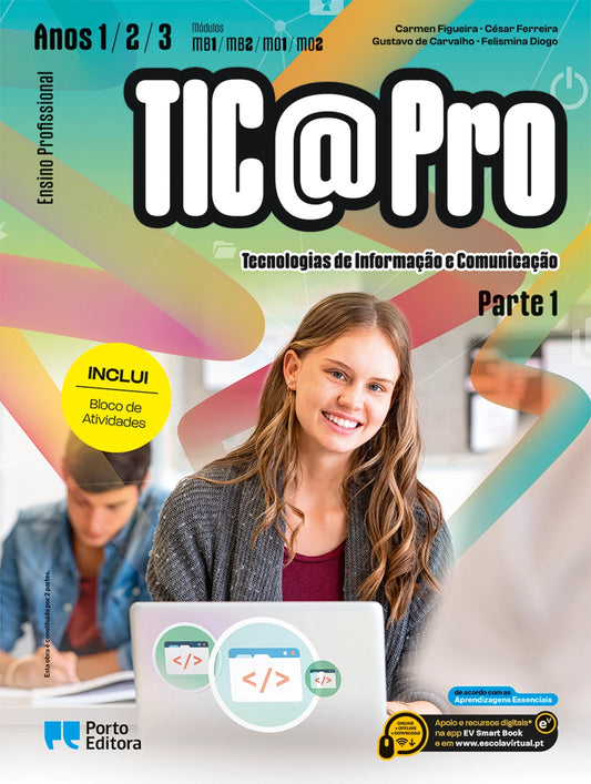 Capa do manual TIC@Pro Parte 1, com aluna e computador portátil
