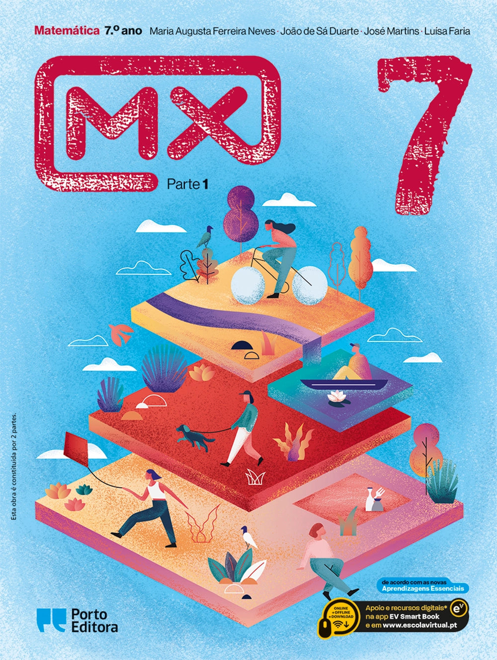 Manual escolar de Matemática do 7.º ano, capa com ilustração geométrica colorida