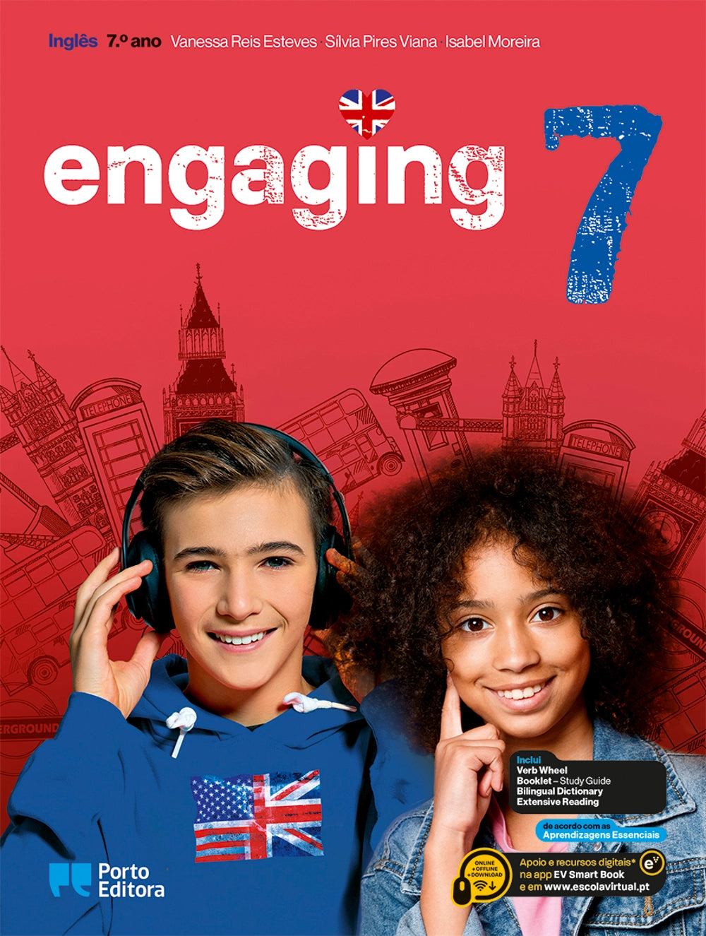 Manual escolar de Inglês do 7.º ano, capa com dois alunos e título Engaging 7.