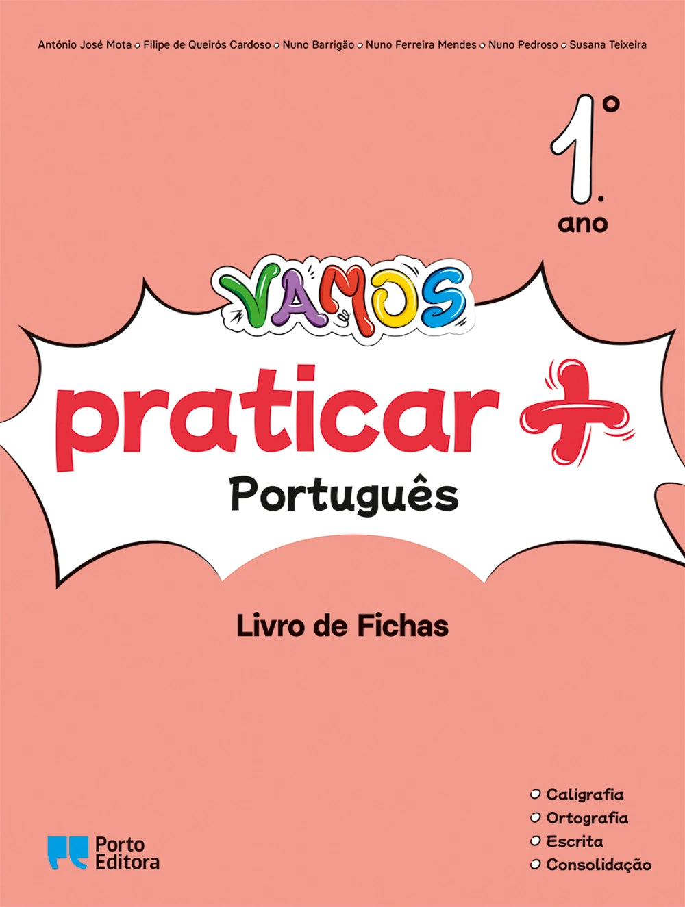 Livro de fichas VAMOS Praticar + Português 1.º ano, capa rosa com título colorido.