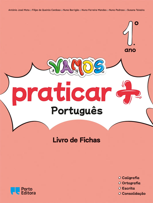 Livro de fichas VAMOS Praticar + Português 1.º ano, capa rosa com título colorido.