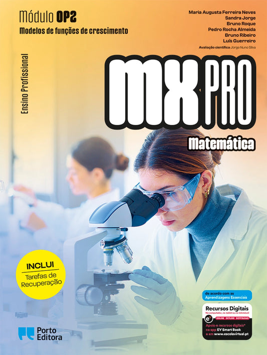 Manual escolar OP2 Matemática na capa, com cientista e microscópio.