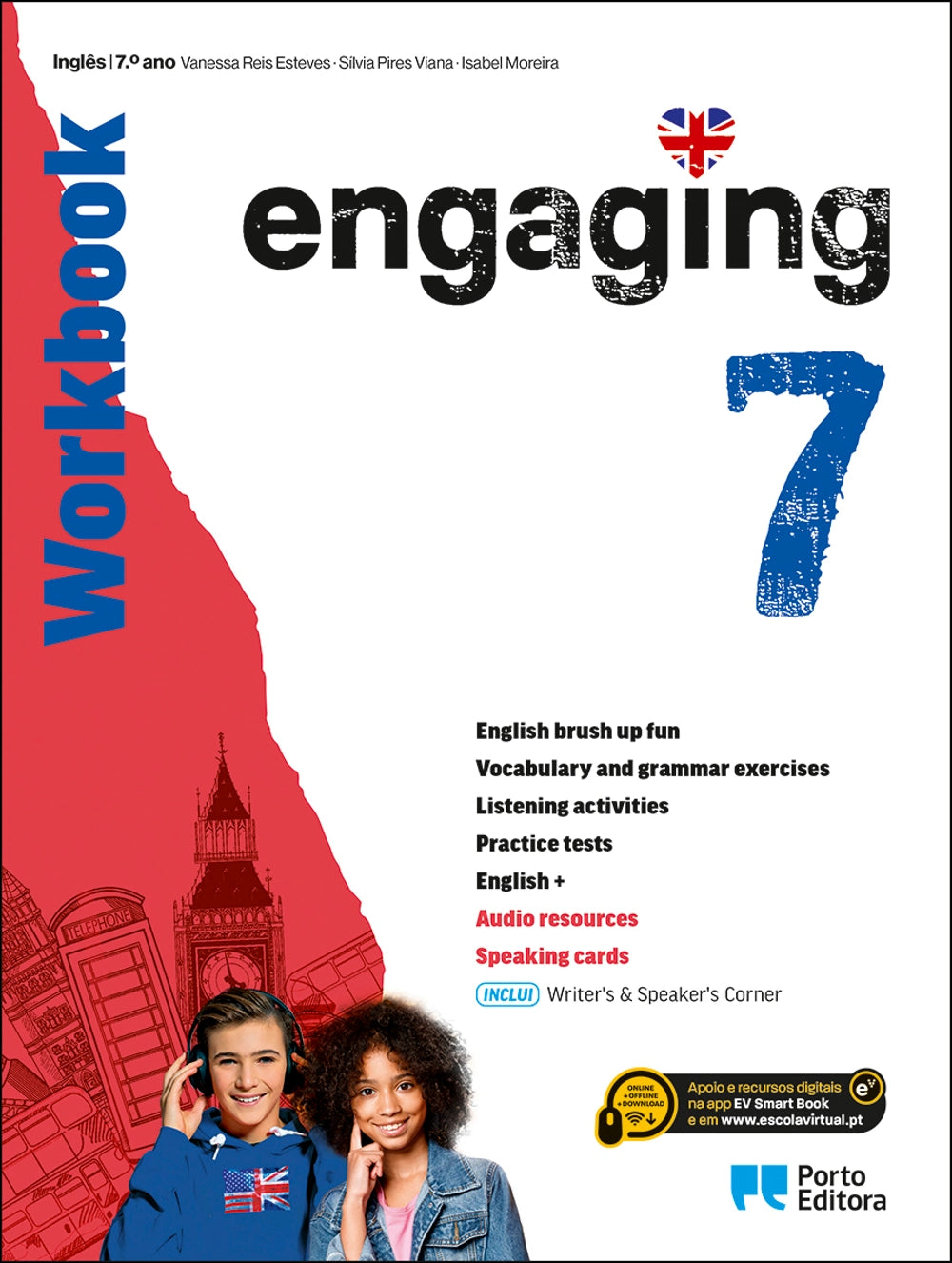 Caderno de atividades de Inglês 7.º ano, capa com título Engaging 7.