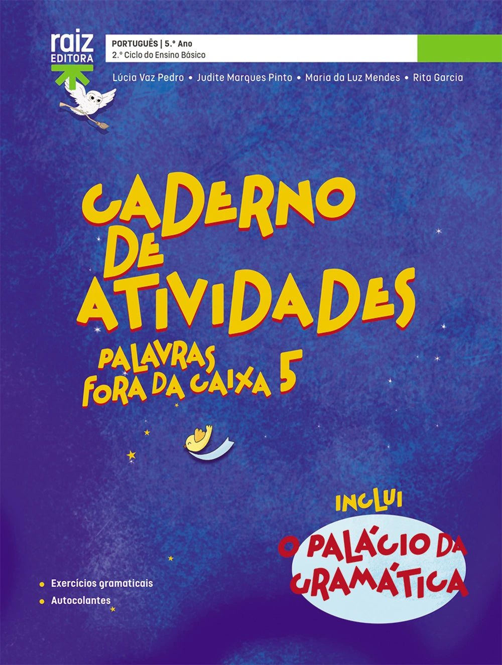 Capa de caderno de atividades «Palavras Fora da Caixa 5» com ilustração e lua