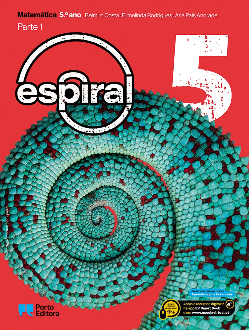 Manual escolar de Matemática em espiral, capa vermelha com espiral azul e número 5