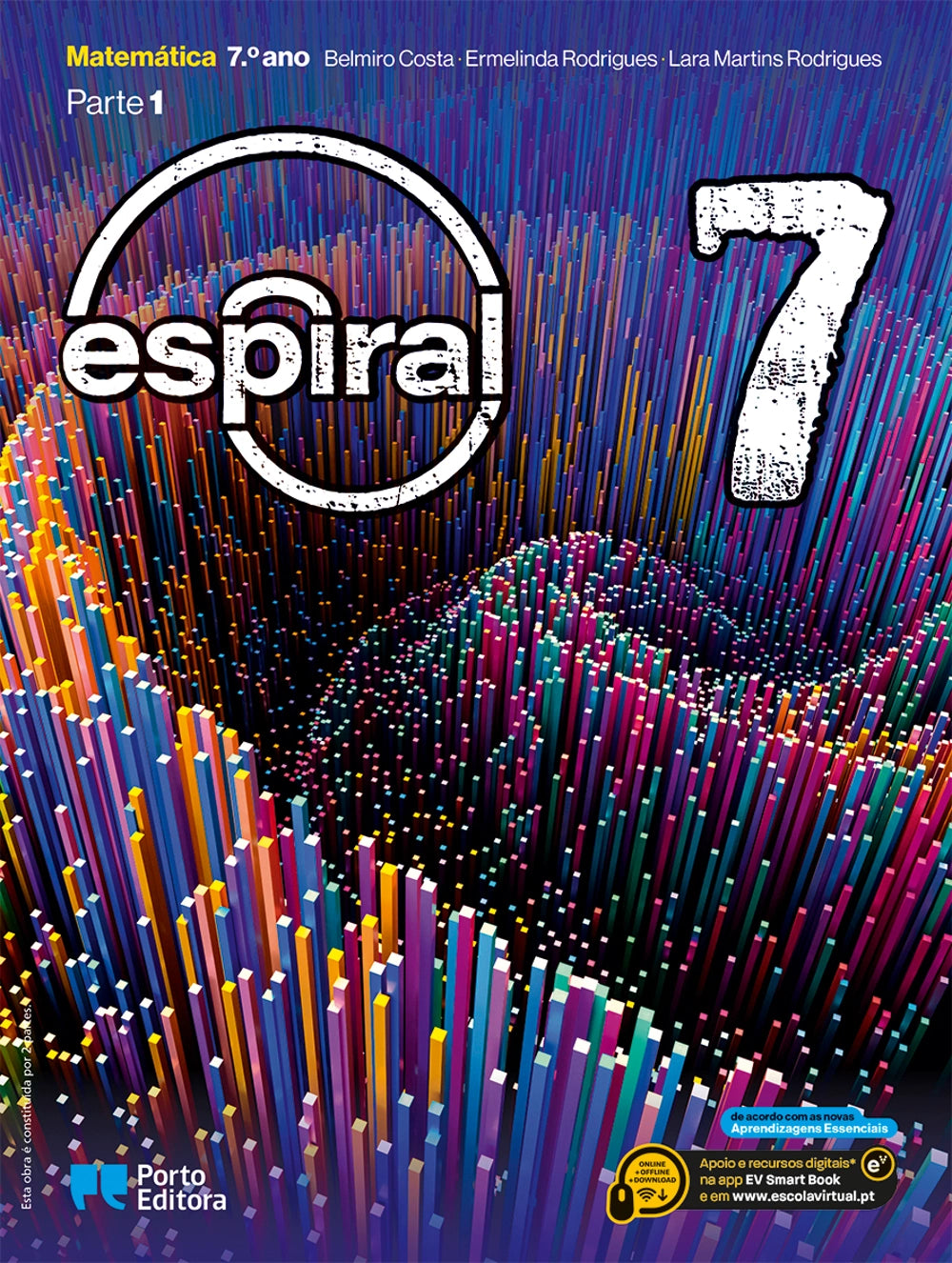 Manual escolar Espiral 7 de Matemática, capa com número 7 e lápis coloridos