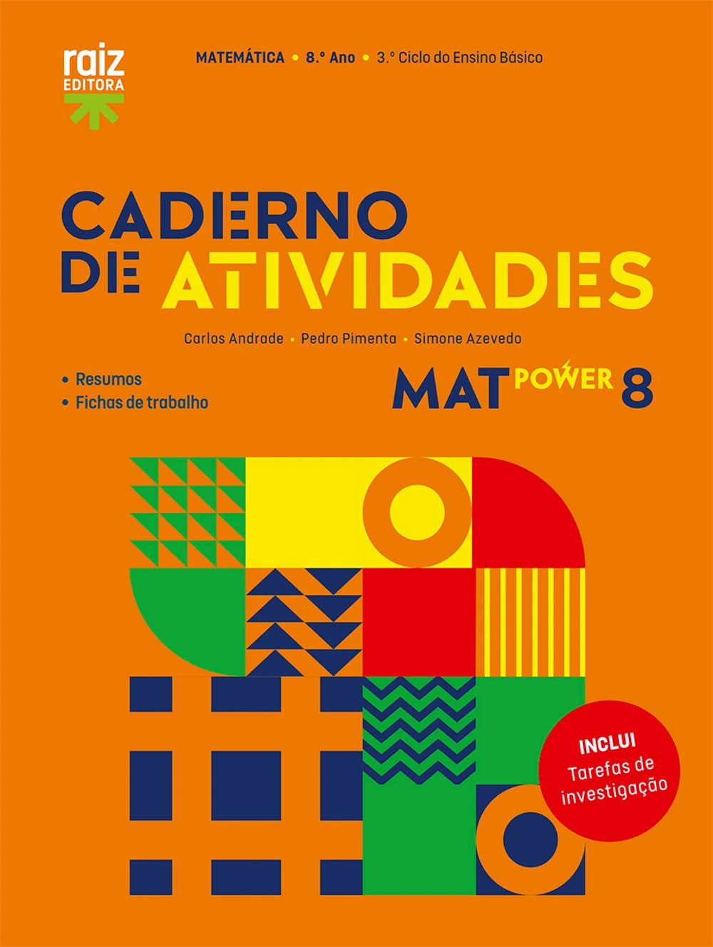 Caderno de atividades de Matemática 8.º ano, capa laranja com padrões geométricos coloridos.