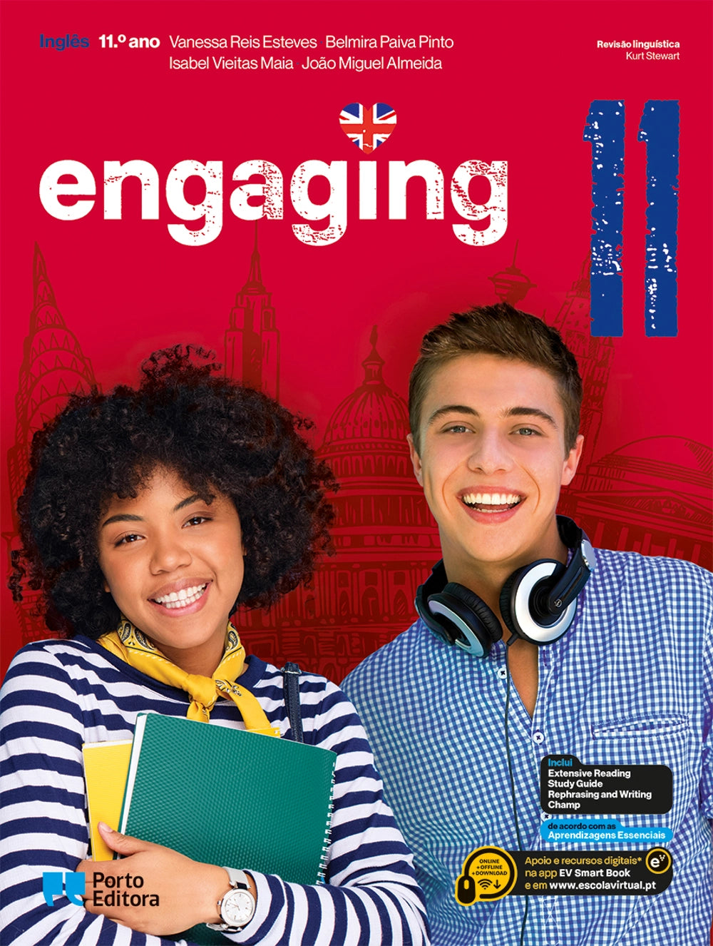 Manual escolar de inglês Engaging, capa vermelha com dois alunos a segurar livro.