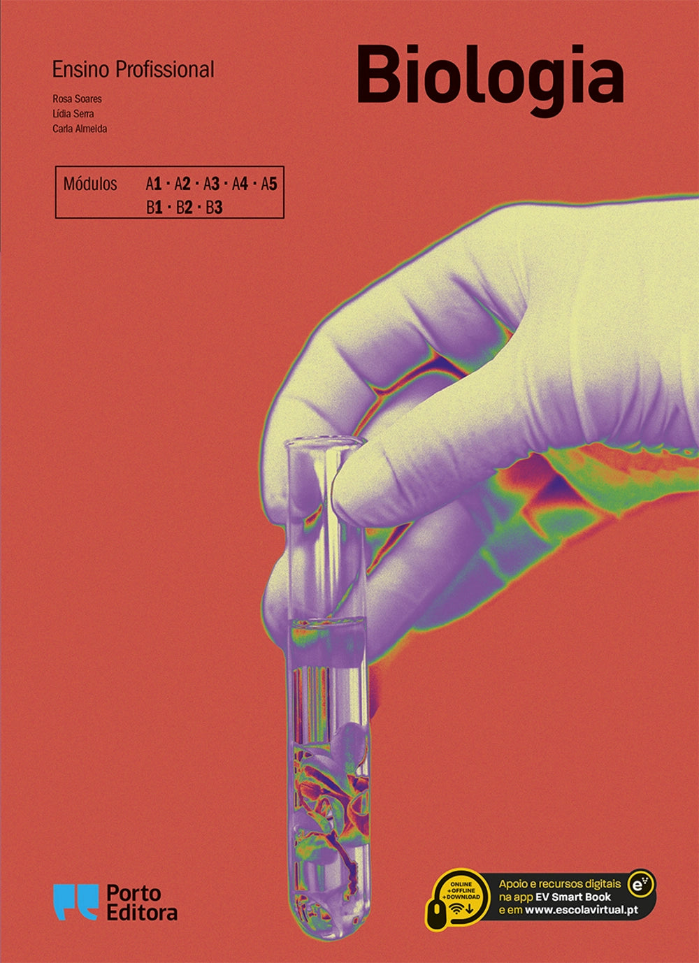 Manual escolar de Biologia, capa com luva e pipeta, módulos A1-A5 e B1-B3