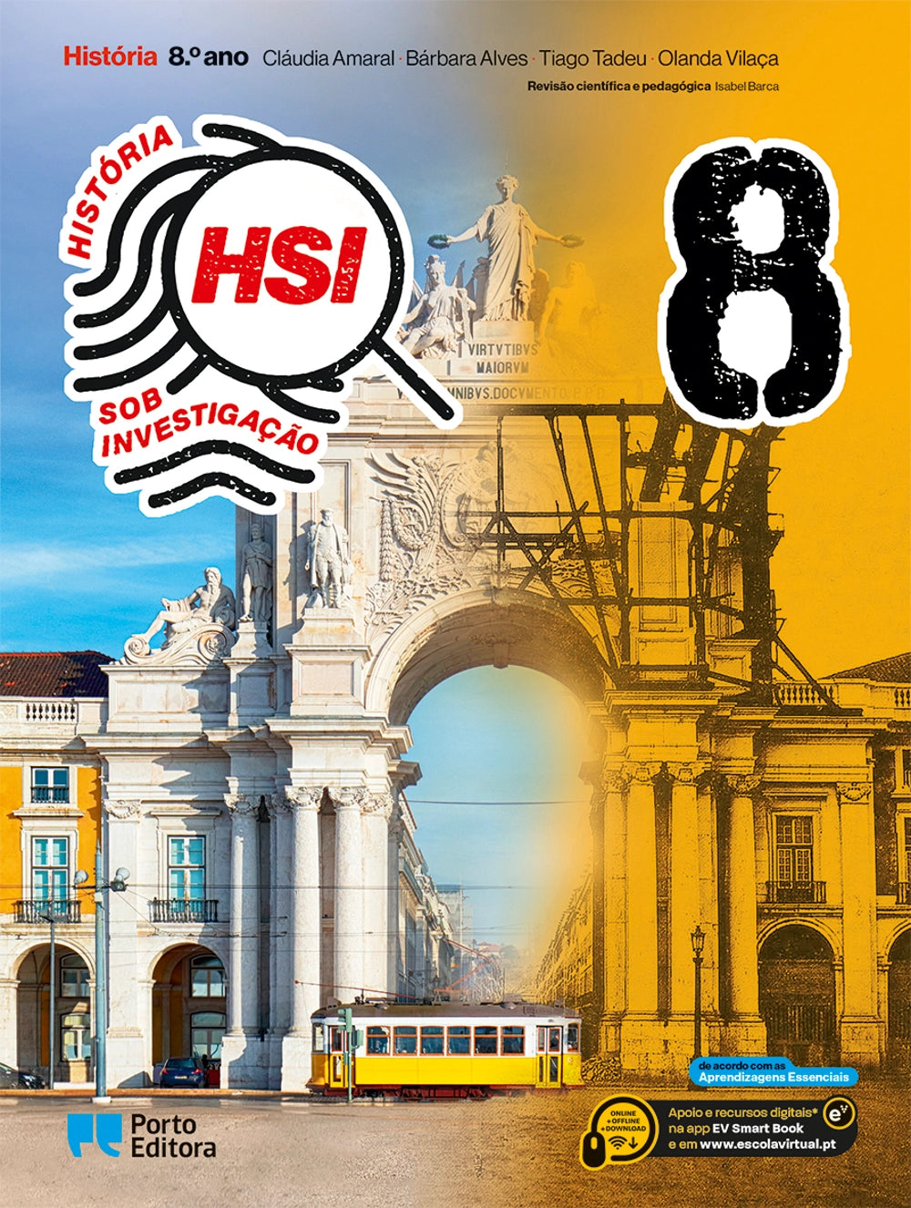 Manual escolar de História HSI, 8.º ano, com capa ilustrada de monumentos