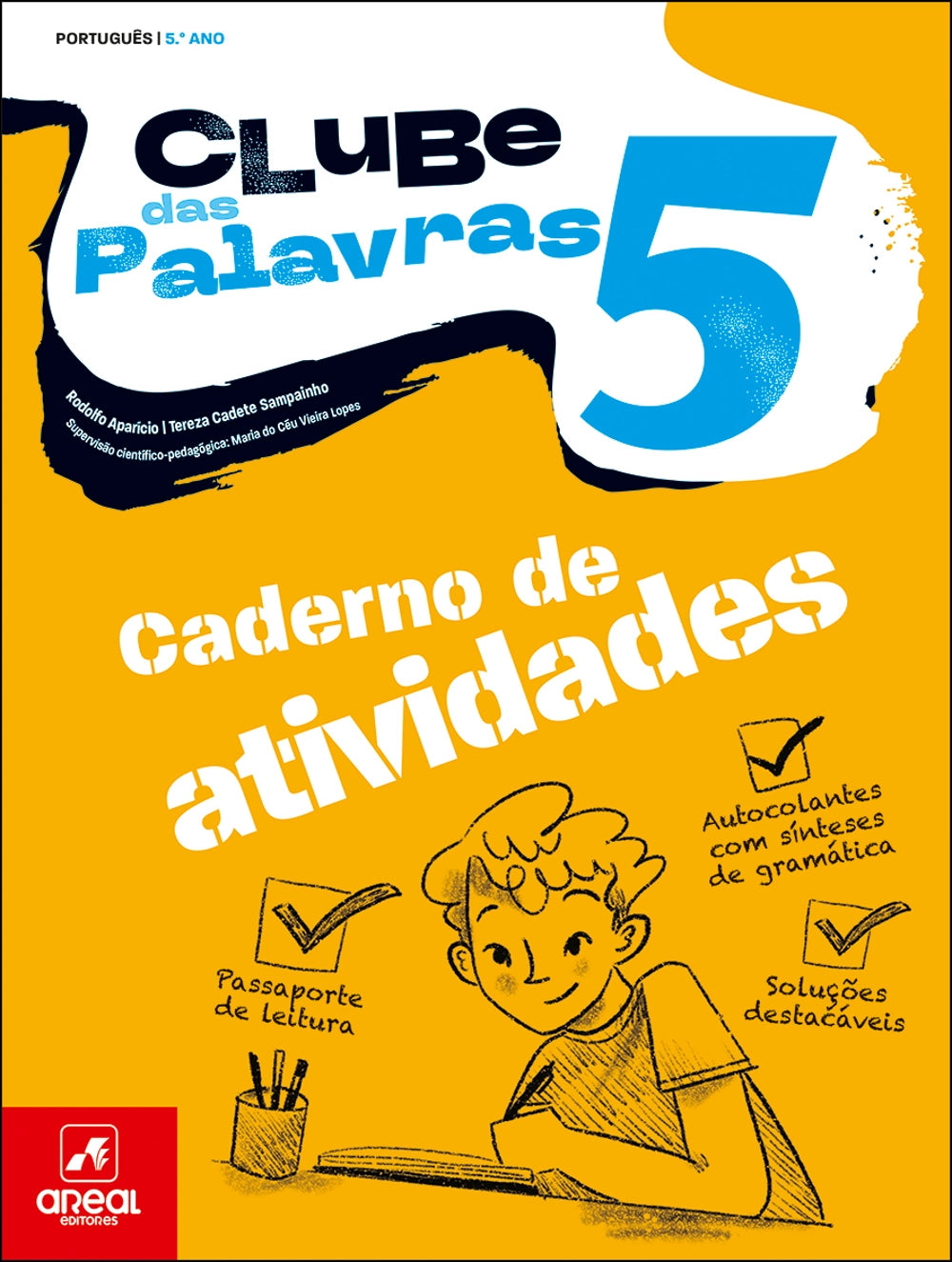 Caderno de atividades Clube das Palavras 5, capa amarela com número 5 e ilustração.