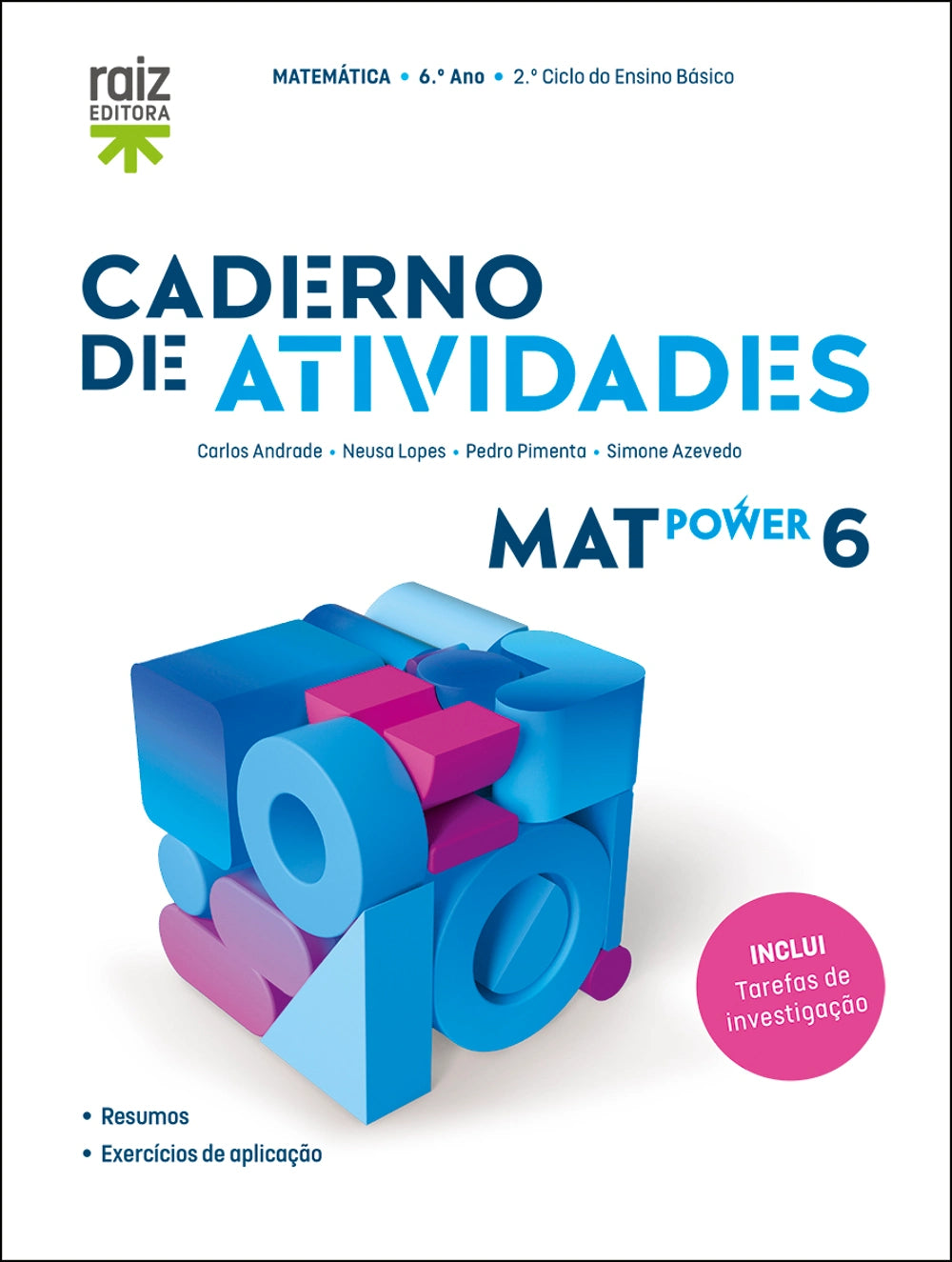 Caderno de atividades MatPower 6, capa com blocos geométricos azuis e rosa