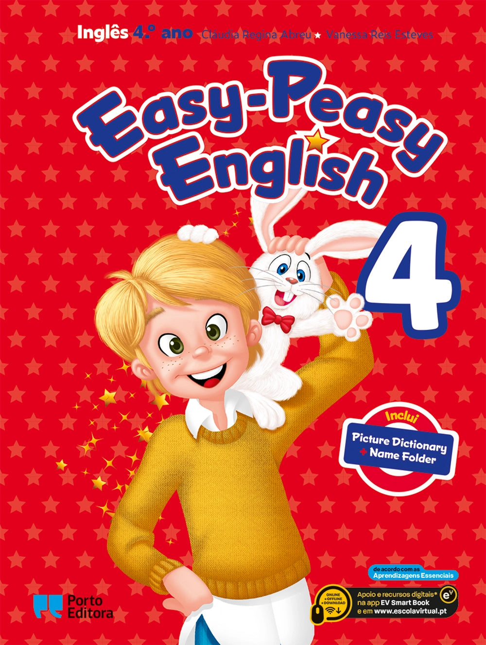 Capa de manual escolar de Inglês do 4.º ano Easy-Peasy English, com coelho e menina.