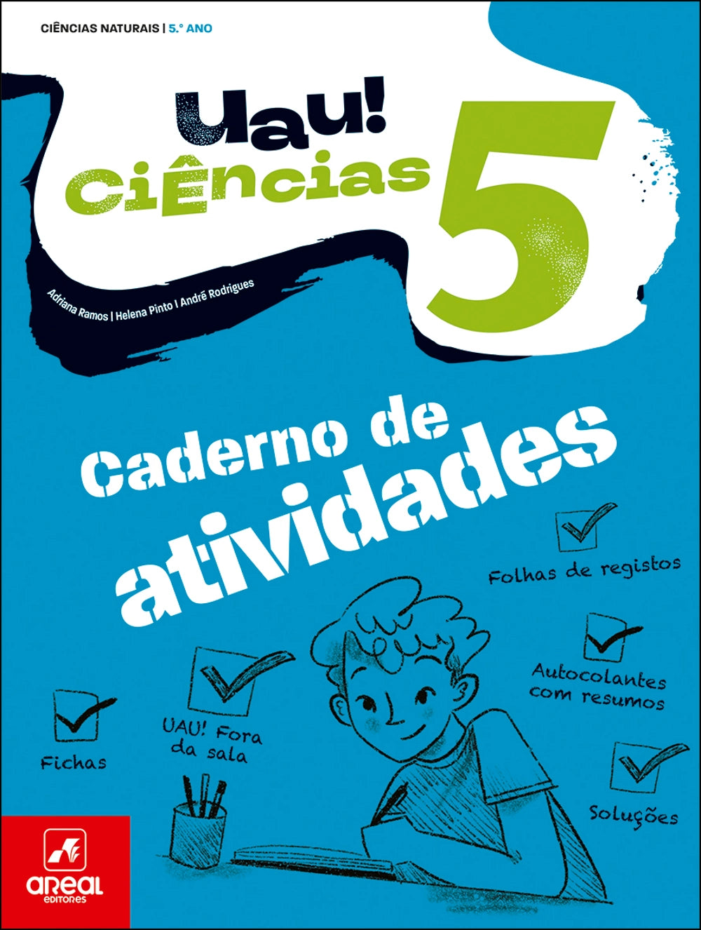 Caderno de atividades Ciências 5, capa azul com ilustração e ícones de exercícios