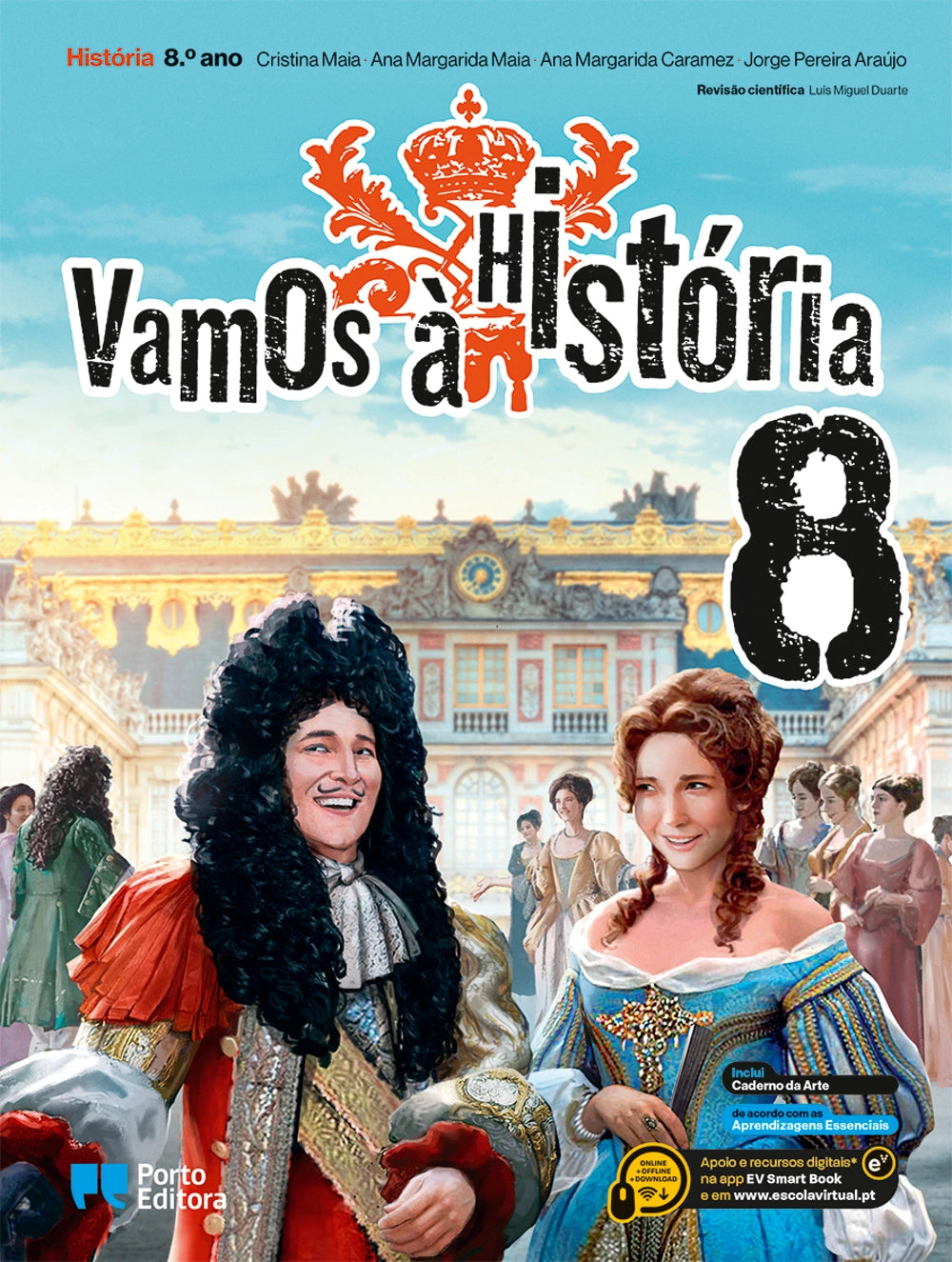 Manual escolar Vamos à História 8, capa com duas figuras históricas diante de um palácio