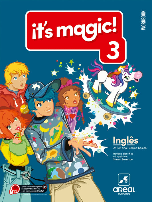 Livro de exercícios de Inglês 'It's magic! 3' com unicórnio na capa