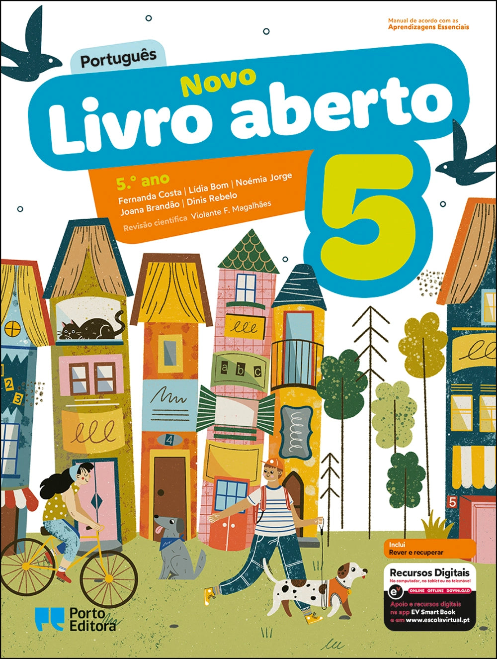 Manual escolar Novo Livro Aberto Português 5.º ano, capa ilustrada com casas e o número 5