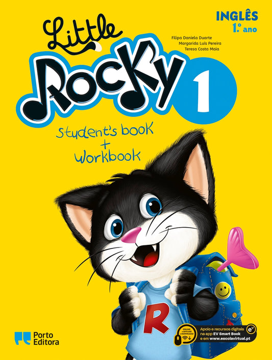 Manual de inglês Little Rocky 1, capa com gato ilustrado e texto Student's book + workbook
