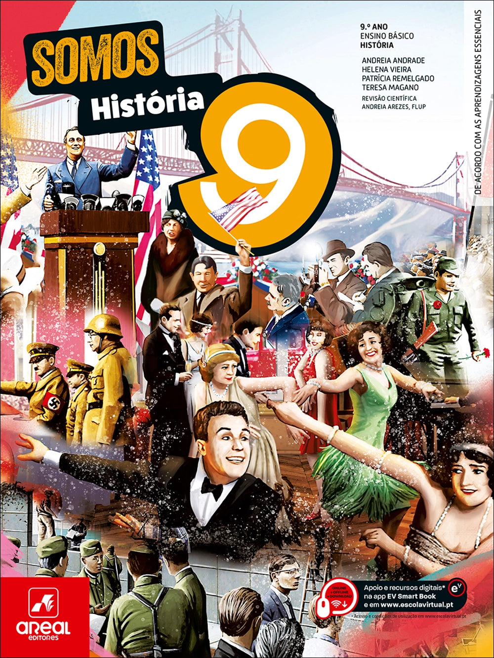 Capa do manual de História do 9.º ano Somos História, com colagem de figuras históricas.