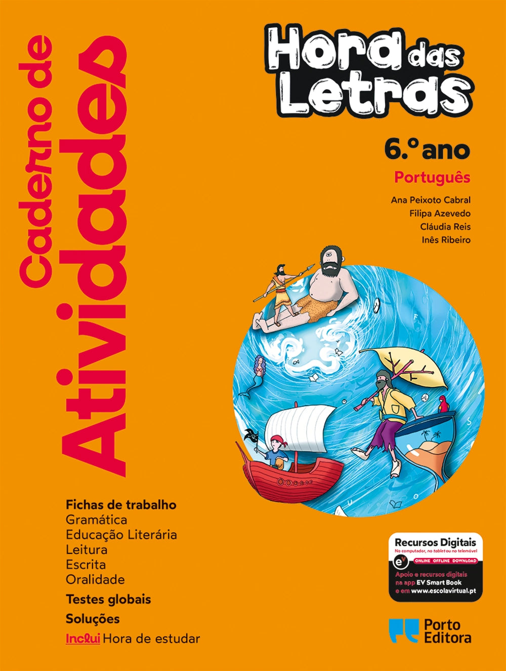 Caderno de atividades Hora das Letras, Português, 6.º ano, capa laranja com ilustração náutica