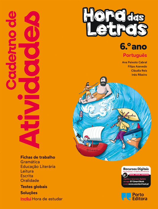 Caderno de atividades Hora das Letras, Português, 6.º ano, capa laranja com ilustração náutica