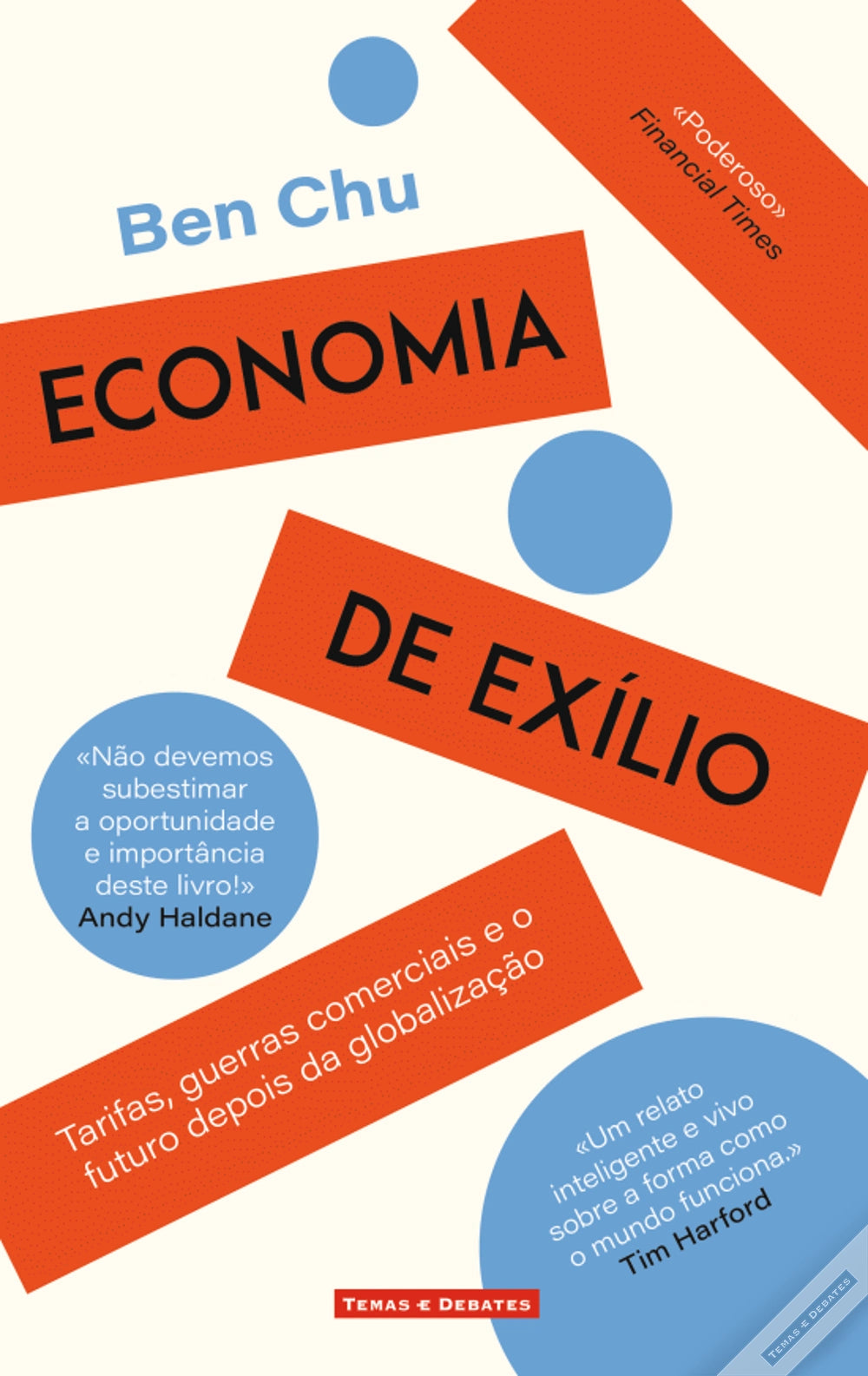 Capa do livro Economia de Exílio, por Ben Chu, títulos laranja e azul