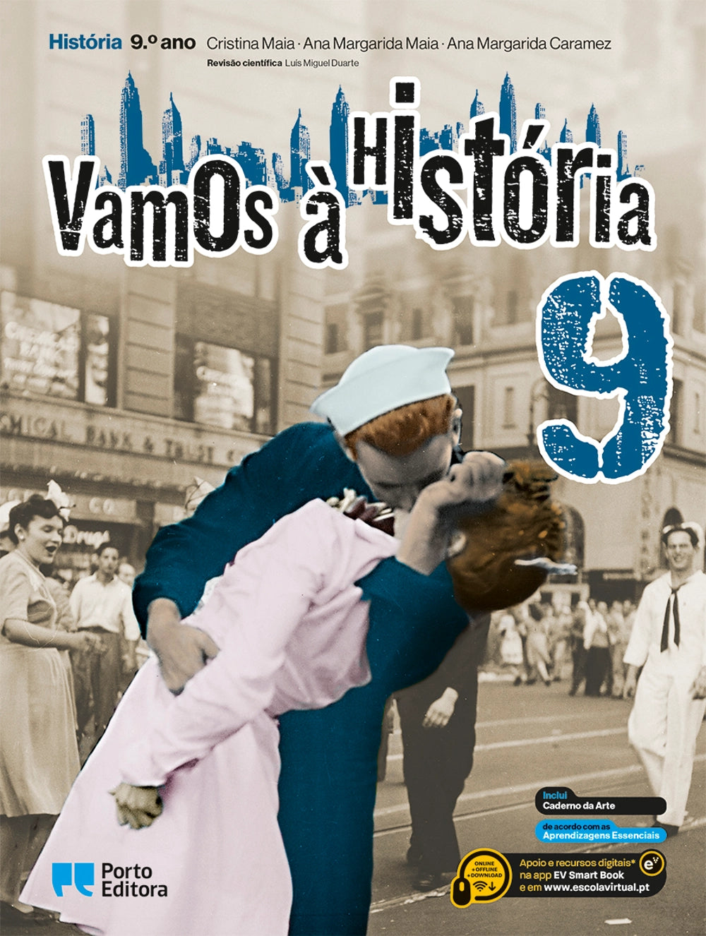 Manual escolar de História 9.º ano, capa com socorro médico e título Vamos à História 9