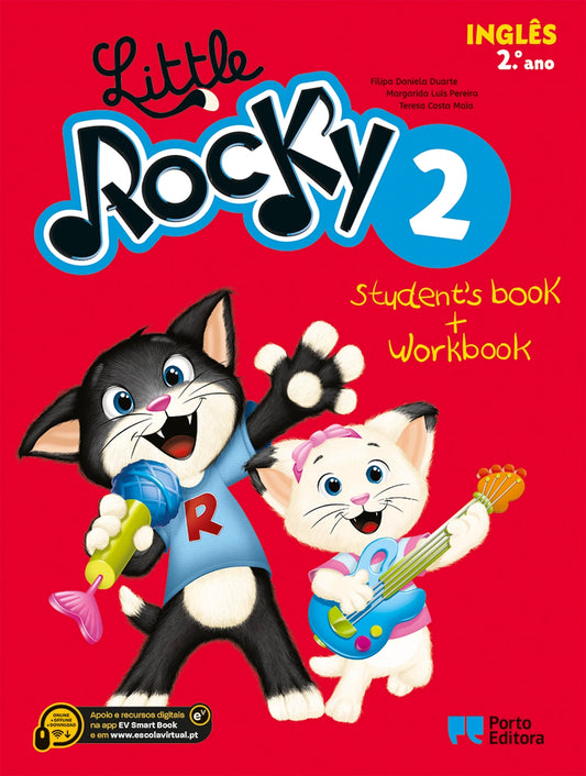 Manual escolar de Inglês Little Rocky 2, capa com dois gatos caricaturais e guitarra.