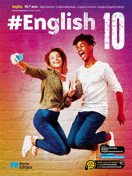 Manual escolar de Inglês #English 10, capa com dois jovens a saltar