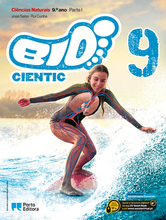 Capa do manual BIOCienTIC de Ciências Naturais do 9.º ano, com surfista e título em destaque