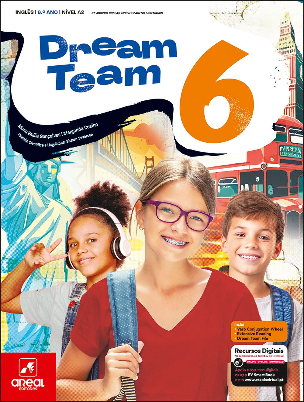 Capa do manual escolar Dream Team 6 de Inglês, com três crianças e ilustração da cidade.