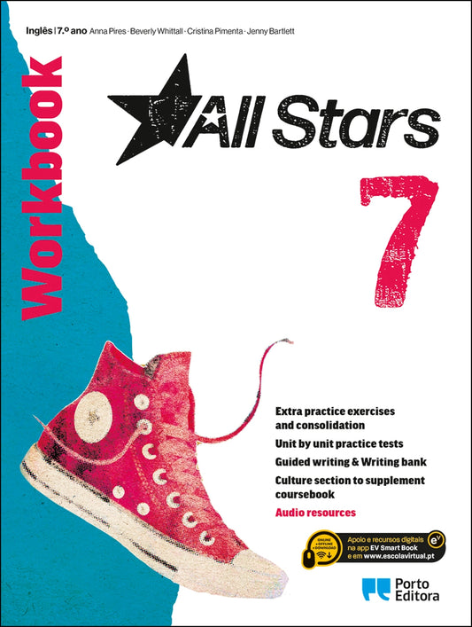 Capa de caderno de exercícios All Stars 7.º ano, com ténis vermelho e logótipo.