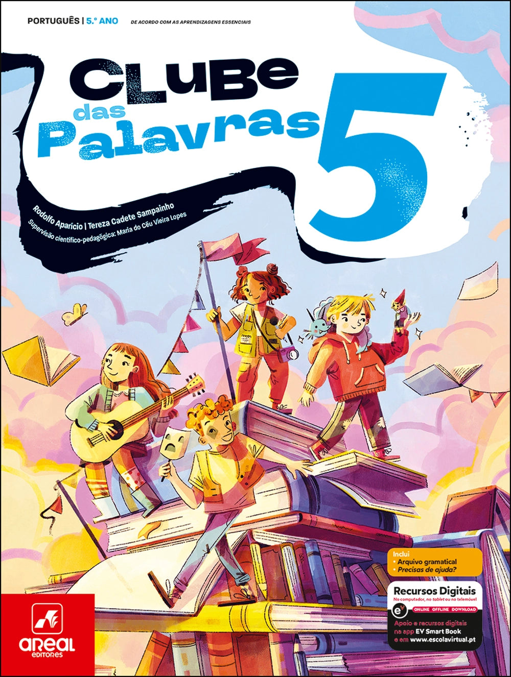 Capa do manual escolar Clube das Palavras 5, Português, 5.º ano, com crianças e livros.