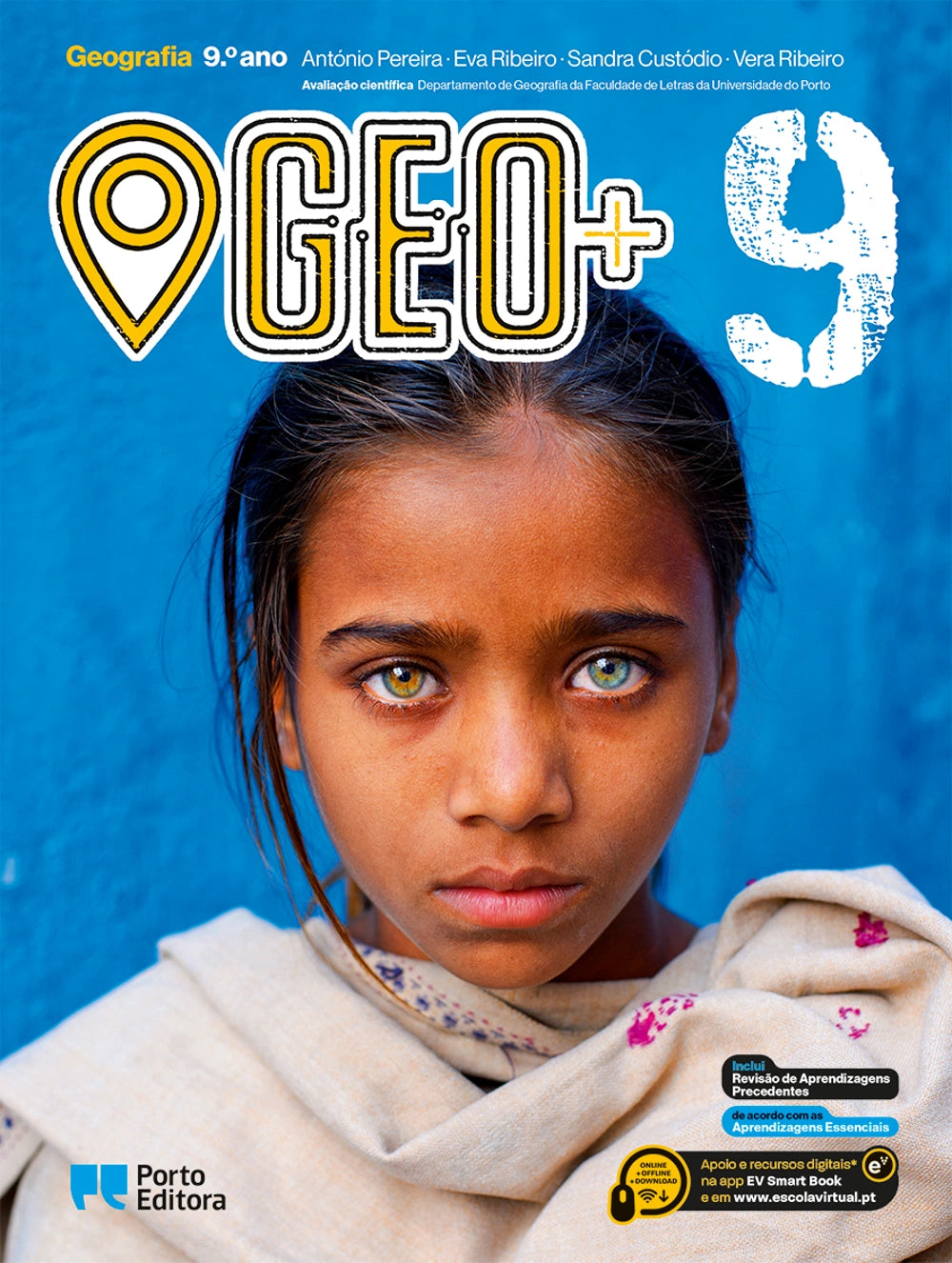 Manual escolar de Geografia do 9.º ano, capa com retrato de rapariga.