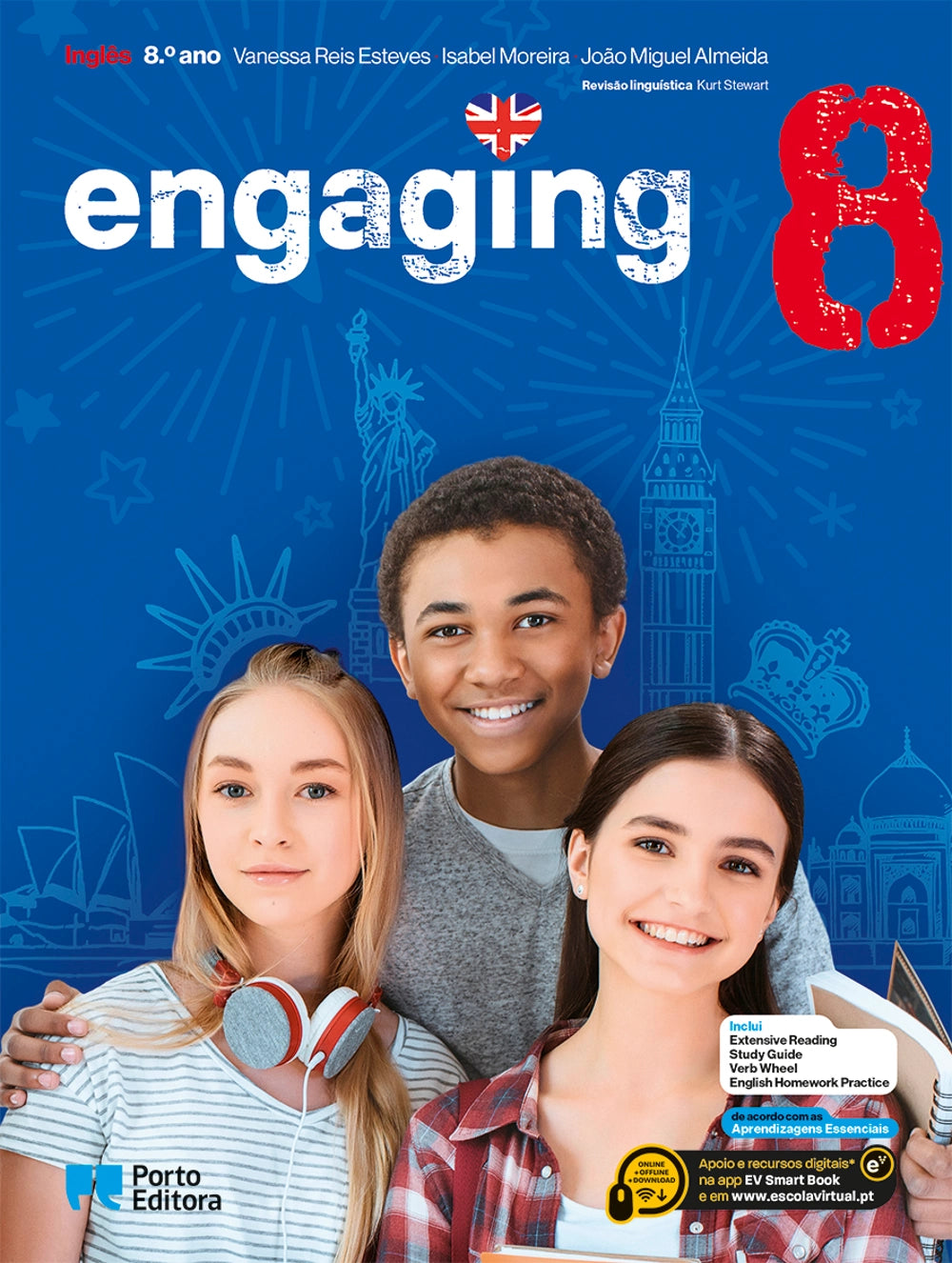 Manual escolar de Inglês Engaging 8.º ano, capa azul com três alunos.