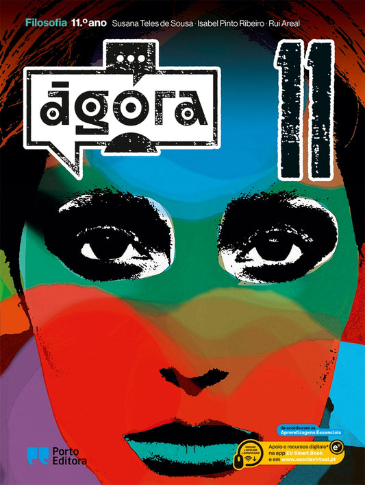 Manual escolar de Filosofia 11.º ano, capa com rosto ilustrado e título Ágora.