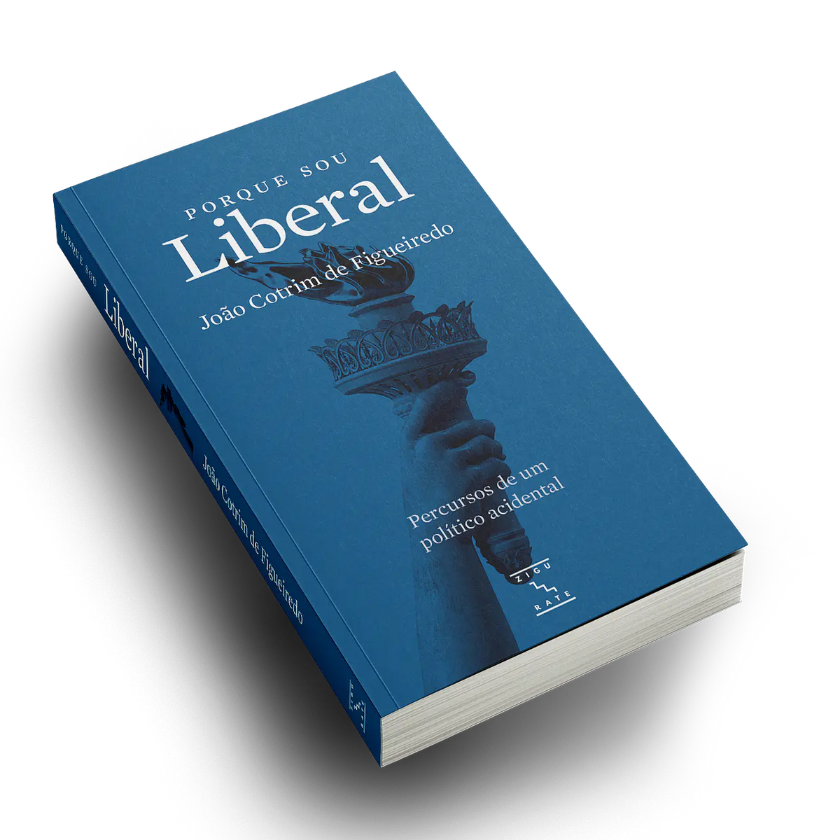 Livro capa azul Porque sou Liberal com mão e balança, vista inclinada