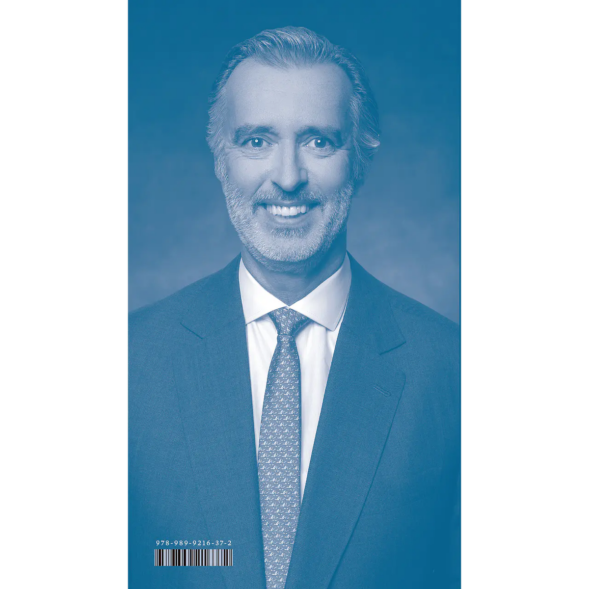 Livro com retrato do autor em fato e gravata na capa azul