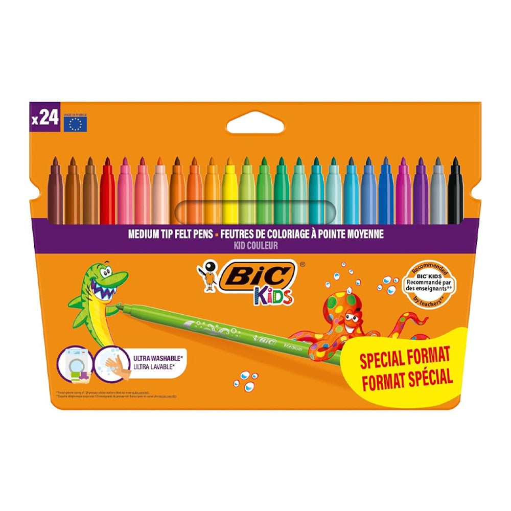 Pack promocional de marcadores de feltro BIC Kids Couleur com 24 unidades (18 mais 6 grátis) em cores variadas e vivas com tampa ventilada, sobre fundo branco.
