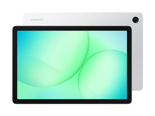 Tablet Samsung de 11 polegadas, frente com ecrã verde e traseira prateada