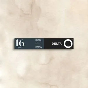 Caixa de 10 cápsulas de café Delta Q com design oficial da marca, exibindo os detalhes do blend e o indicador de intensidade na embalagem.