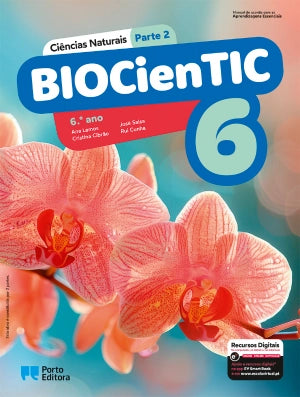 Manual escolar BIOCienTIC de Ciências Naturais do 6.º ano, com orquídeas na capa