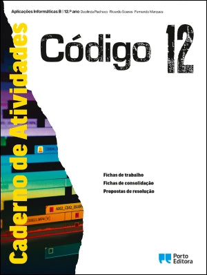 Caderno de atividades «Código 12» com capa branca e barras coloridas