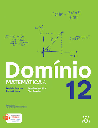 Manual escolar de Matemática A Domínio 12, capa verde com título e logótipo ASA
