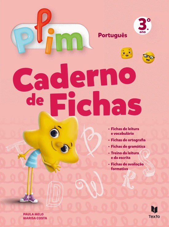 Caderno de fichas PLIM! de Português para 3.º ano, capa rosa com estrela amarela.